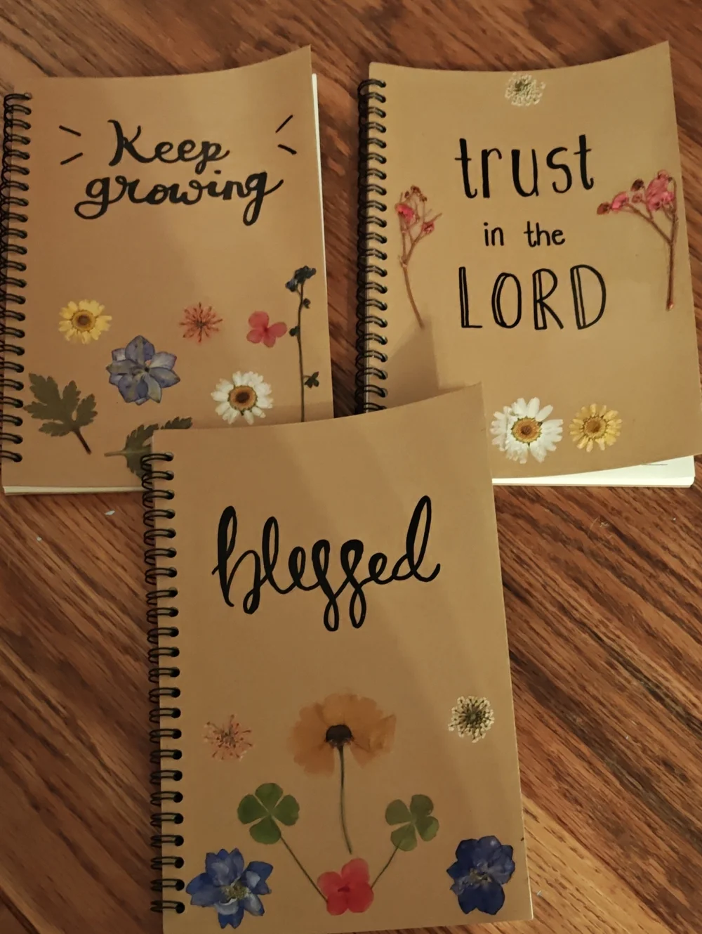 Dried Flowers Handmade Journals. Set Of 3 Spiral Journal.